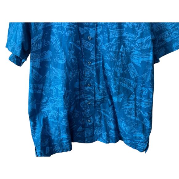 Columbia PFG Trollers Blue Fish Print Hawaiian Fishing Button-Up Shirt L New - Picture 5 of 9